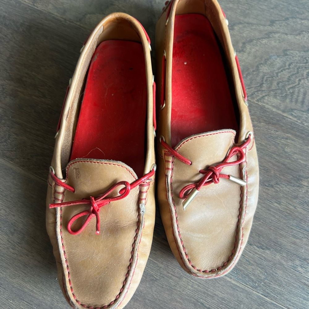 Women’s Tod’s Tan Leather Loafers with Red Accents